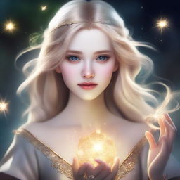 A detailed portrait of a female character with blonde hair, casting a magical spell