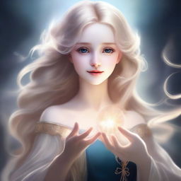 A detailed portrait of a female character with blonde hair, casting a magical spell