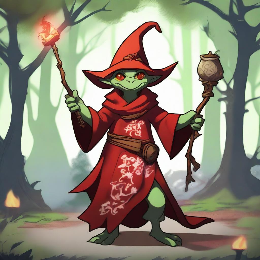 A goblin dressed as a red mage, wielding a magical staff and wearing a red robe with intricate patterns