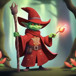 A goblin dressed as a red mage, wielding a magical staff and wearing a red robe with intricate patterns