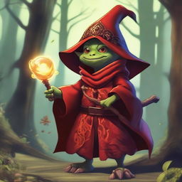 A goblin dressed as a red mage, wielding a magical staff and wearing a red robe with intricate patterns