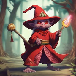 A goblin dressed as a red mage, wielding a magical staff and wearing a red robe with intricate patterns