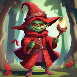 A goblin dressed as a red mage, wielding a magical staff and wearing a red robe with intricate patterns