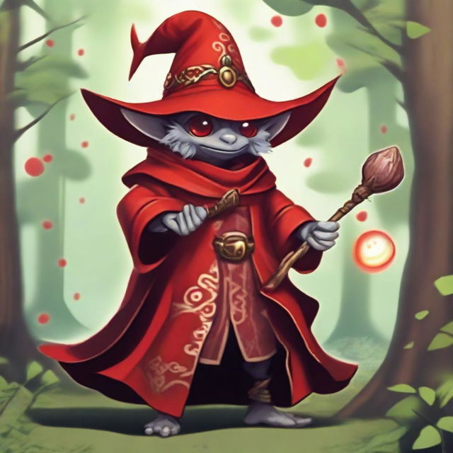 A goblin dressed as a red mage, wielding a magical staff and wearing a red robe with intricate patterns