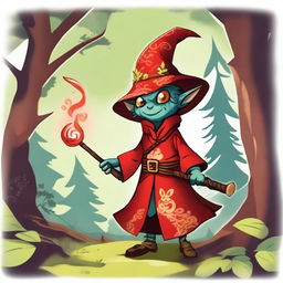 A goblin dressed as a red mage, wielding a magical staff and wearing a red robe with intricate patterns