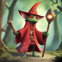 A goblin dressed as a red mage, wielding a magical staff and wearing a red robe with intricate patterns