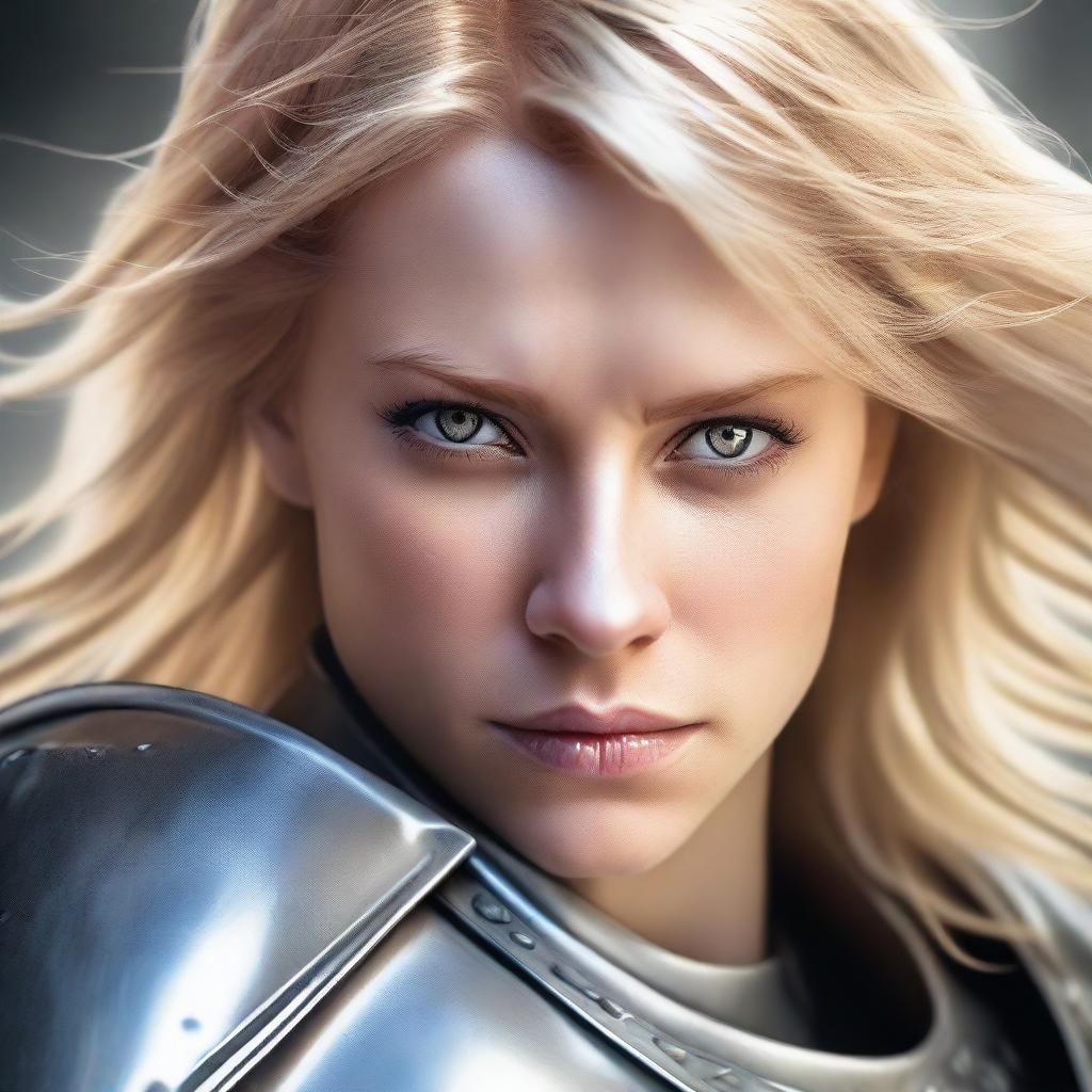 A detailed portrait of a female warrior with blonde hair