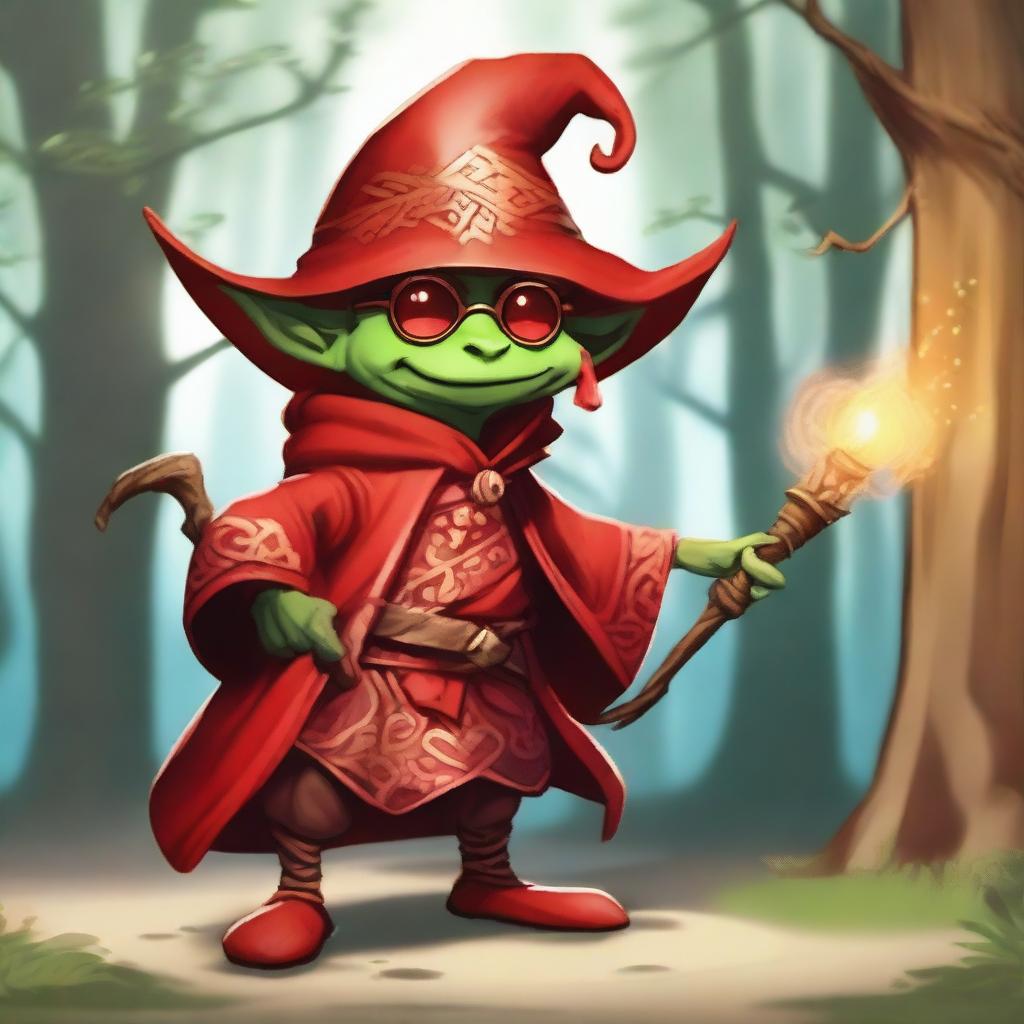 A goblin dressed as a red mage, wielding a magical staff and wearing a red robe with intricate patterns