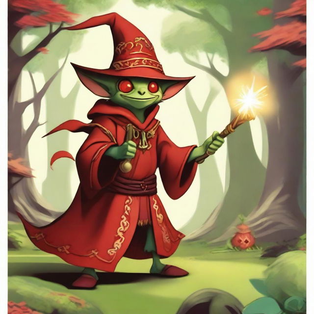 A goblin dressed as a red mage, wielding a magical staff and wearing a red robe with intricate patterns