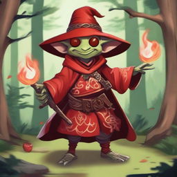 A goblin dressed as a red mage, wielding a magical staff and wearing a red robe with intricate patterns