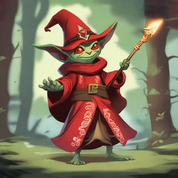 A goblin dressed as a red mage, wielding a magical staff and wearing a red robe with intricate patterns