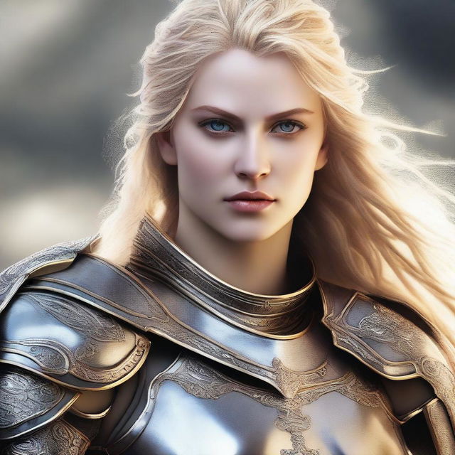 A detailed portrait of a female warrior with blonde hair