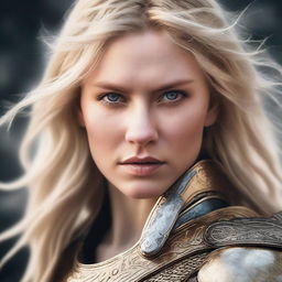 A detailed portrait of a female warrior with blonde hair