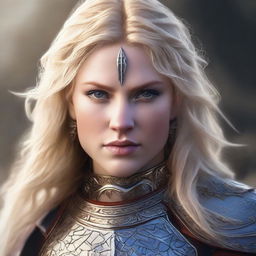 A detailed portrait of a female warrior with blonde hair