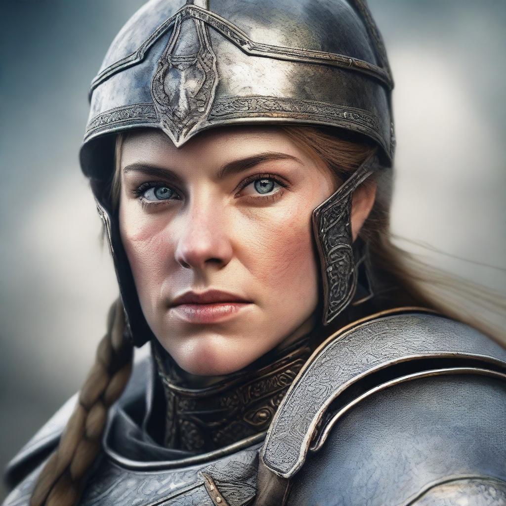 A detailed portrait of a European female warrior