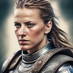 A detailed portrait of a European female warrior