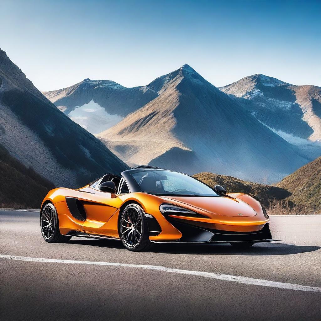 A high-resolution image of a sleek McLaren sports car, showcasing its aerodynamic design and vibrant color