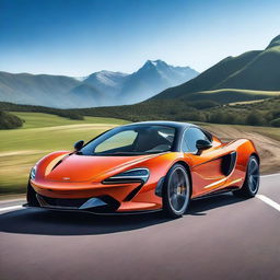 A high-resolution image of a sleek McLaren sports car, showcasing its aerodynamic design and vibrant color