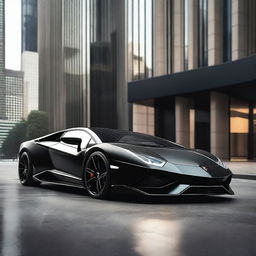 A realistic, high-resolution image of a black Lamborghini sports car, highlighting its sleek design and luxurious features