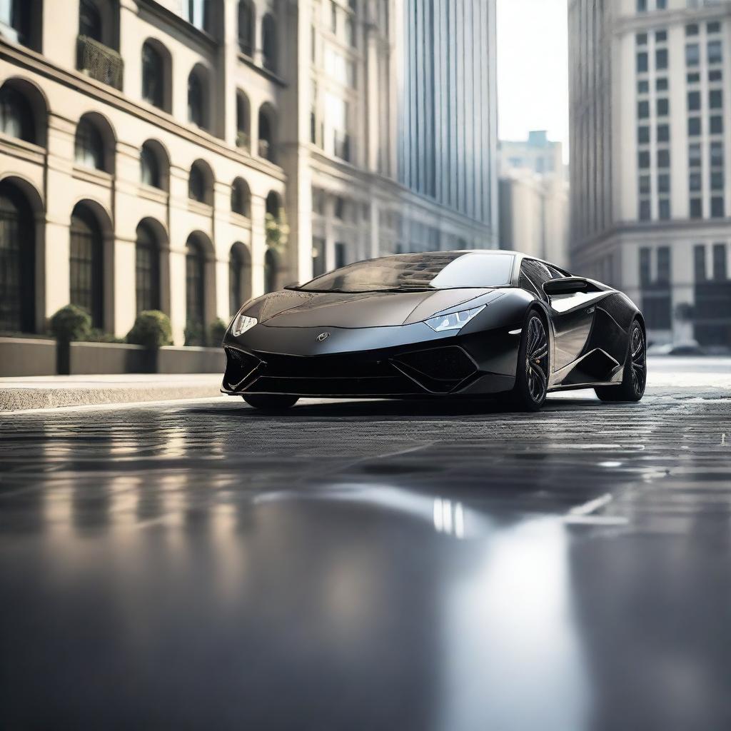 A realistic, high-resolution image of a black Lamborghini sports car, highlighting its sleek design and luxurious features