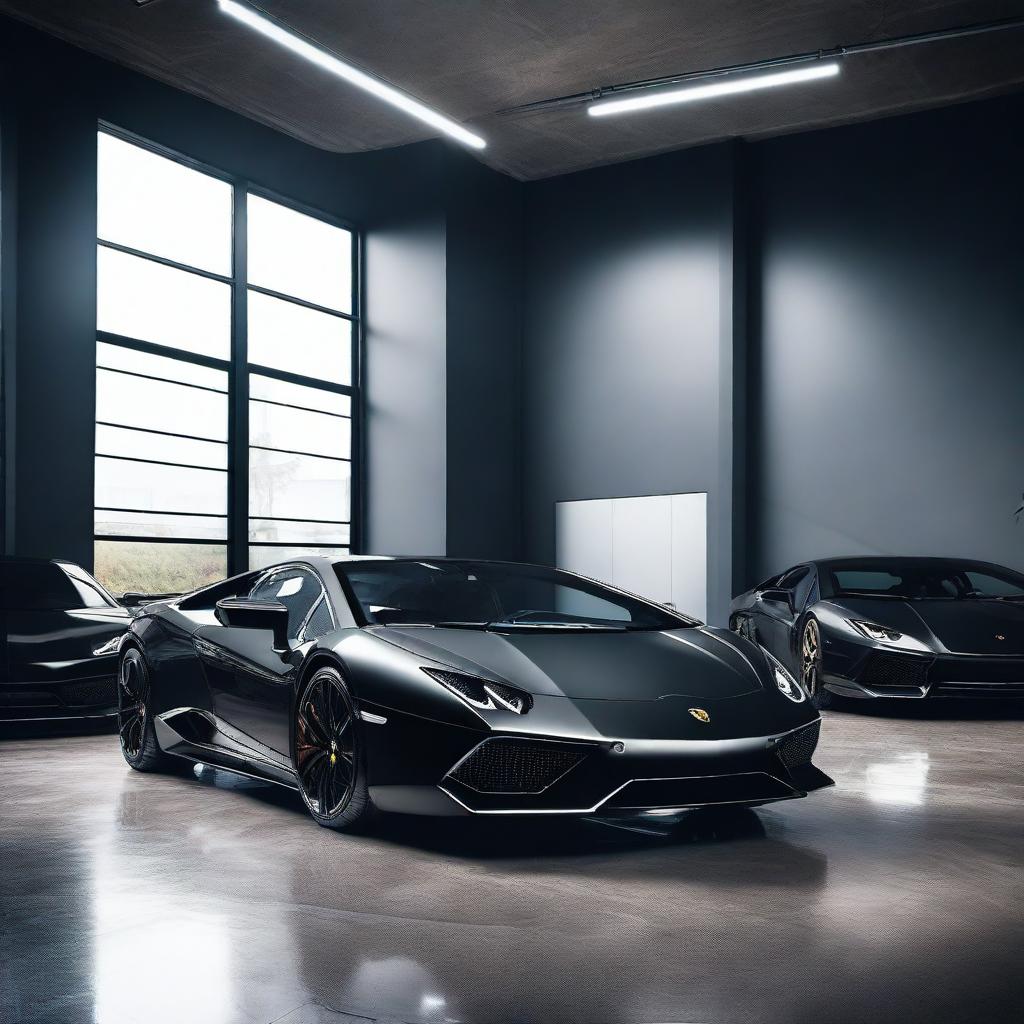 A realistic, high-resolution image of multiple black Lamborghini sports cars parked in a modern, well-lit garage