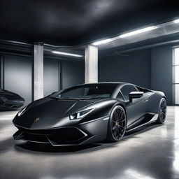 A realistic, high-resolution image of multiple black Lamborghini sports cars parked in a modern, well-lit garage