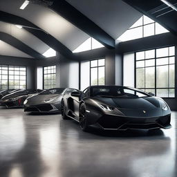 A realistic, high-resolution image of multiple black Lamborghini sports cars parked in a modern, well-lit garage