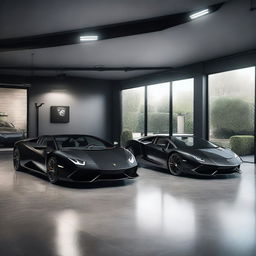 A realistic, high-resolution image of multiple black Lamborghini sports cars parked in a modern, well-lit garage