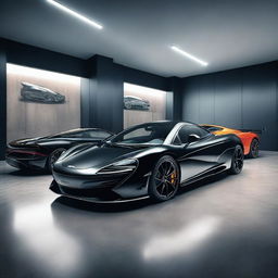 A realistic, high-resolution image of multiple black McLaren sports cars parked in a modern, well-lit garage