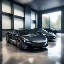 A realistic, high-resolution image of multiple black McLaren sports cars parked in a modern, well-lit garage