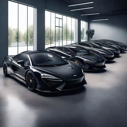 A realistic, high-resolution image of multiple black McLaren sports cars parked in a modern, well-lit garage