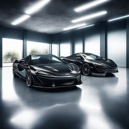 A realistic, high-resolution image of multiple black McLaren sports cars parked in a modern, well-lit garage