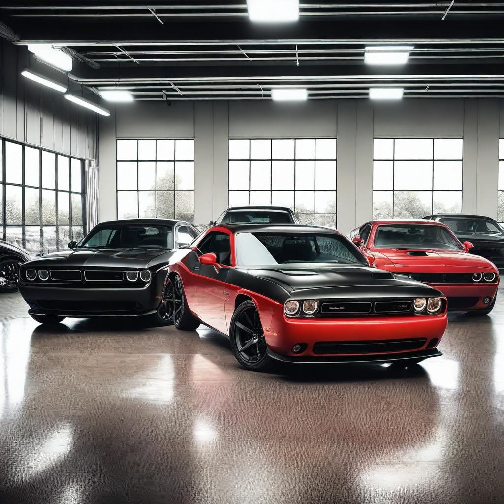 A realistic, high-resolution image of multiple black Dodge Challenger sports cars parked in a modern, well-lit garage