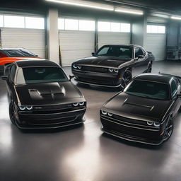 A realistic, high-resolution image of multiple black Dodge Challenger sports cars parked in a modern, well-lit garage