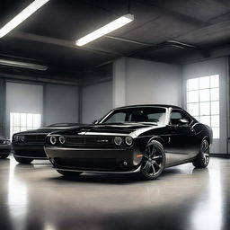 A realistic, high-resolution image of multiple black Dodge Challenger sports cars parked in a modern, well-lit garage