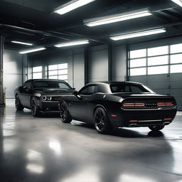 A realistic, high-resolution image of multiple black Dodge Challenger sports cars parked in a modern, well-lit garage