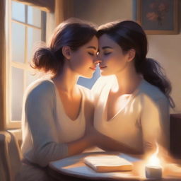 A romantic and intimate scene featuring a lesbian couple