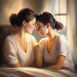 A romantic and intimate scene featuring a lesbian couple