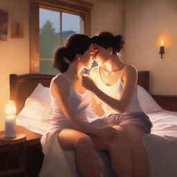 A romantic and intimate scene featuring a lesbian couple