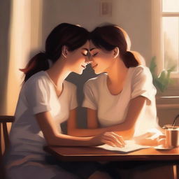 A romantic and intimate scene featuring a lesbian couple