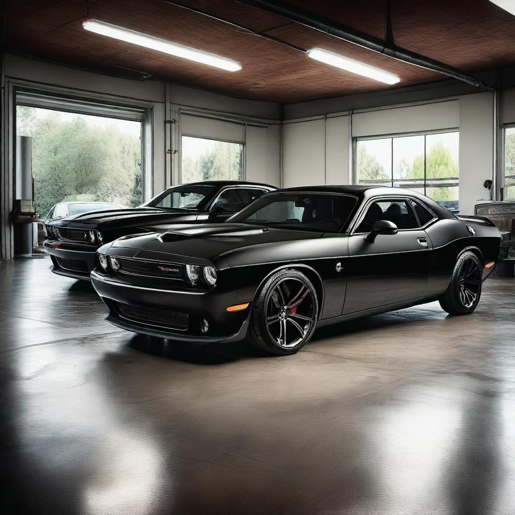 A realistic, high-resolution image of multiple black Dodge Challenger sports cars parked in a small, well-lit garage