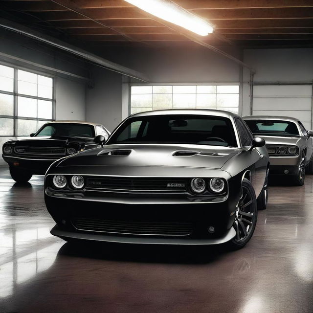 A realistic, high-resolution image of multiple black Dodge Challenger sports cars parked in a small, well-lit garage