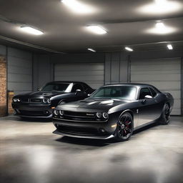 A realistic, high-resolution image of multiple black Dodge Challenger sports cars parked in a small, well-lit garage