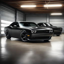 A realistic, high-resolution image of multiple black Dodge Challenger sports cars parked in a small, well-lit garage