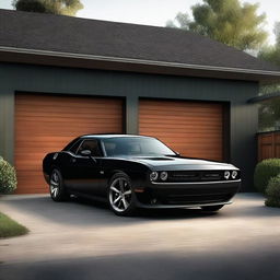 A realistic, high-resolution image of a single black Dodge Challenger sports car parked in a small, well-lit garage