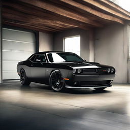 A realistic, high-resolution image of a single black Dodge Challenger sports car parked in a small, well-lit garage