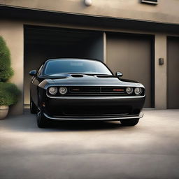 A realistic, high-resolution image of a single black Dodge Challenger sports car parked in a small, well-lit garage