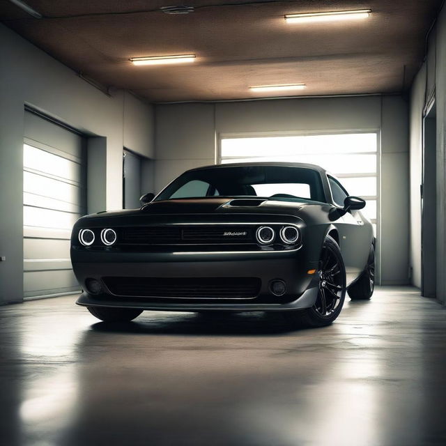 A realistic, high-resolution image of a single black Dodge Challenger sports car parked in a small, well-lit garage