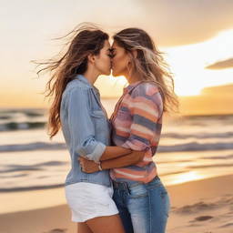 A romantic scene featuring a lesbian couple sharing a tender kiss