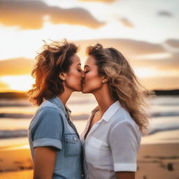 A romantic scene featuring a lesbian couple sharing a tender kiss